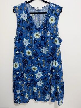 Sonoma Dress Womens Plus Size 3X Blue Floral Pockets A-line Beach Boho Linen Bl